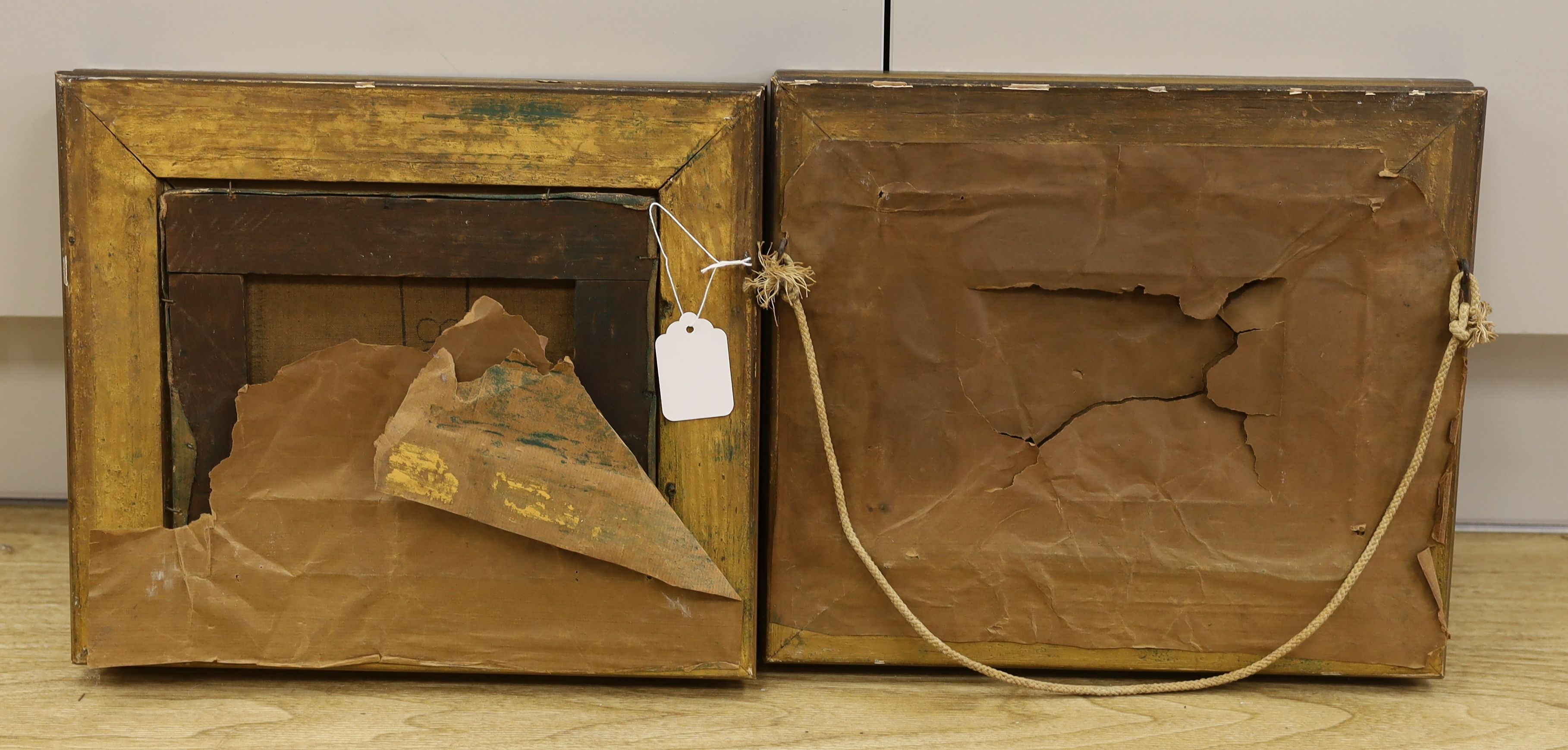 19th century English School, pair of oils on canvas, Studies of game and fish hanging in larders, 19 x 24cm